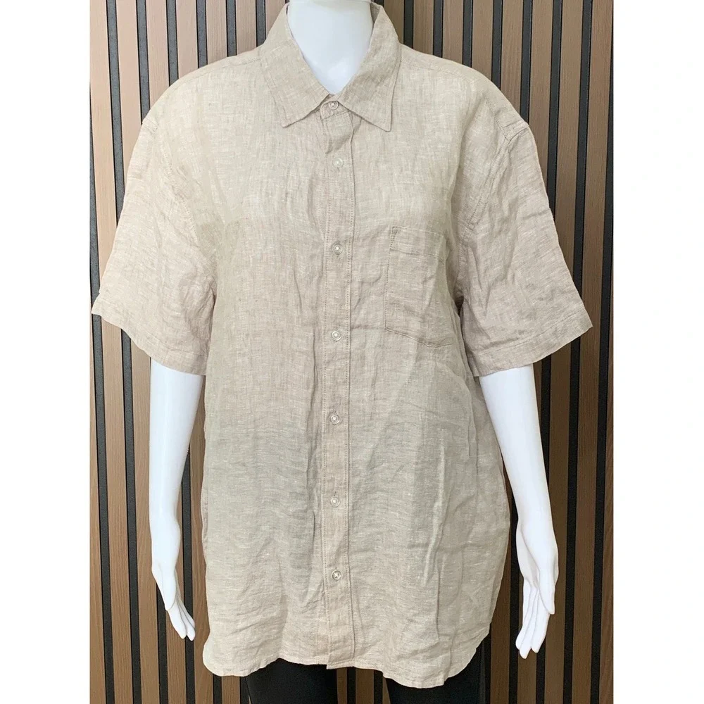 Thom Aaron Mens XL Linen Short Sleeve Button Down Shirt Beige Oatmeal Casual